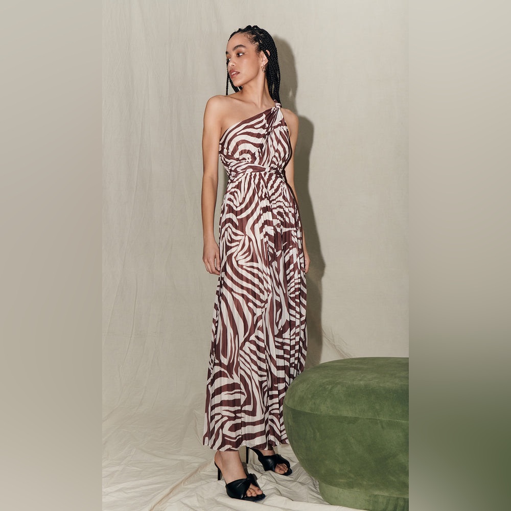 Saylor One-Shoulder Zebra Print Dress in Brown and White